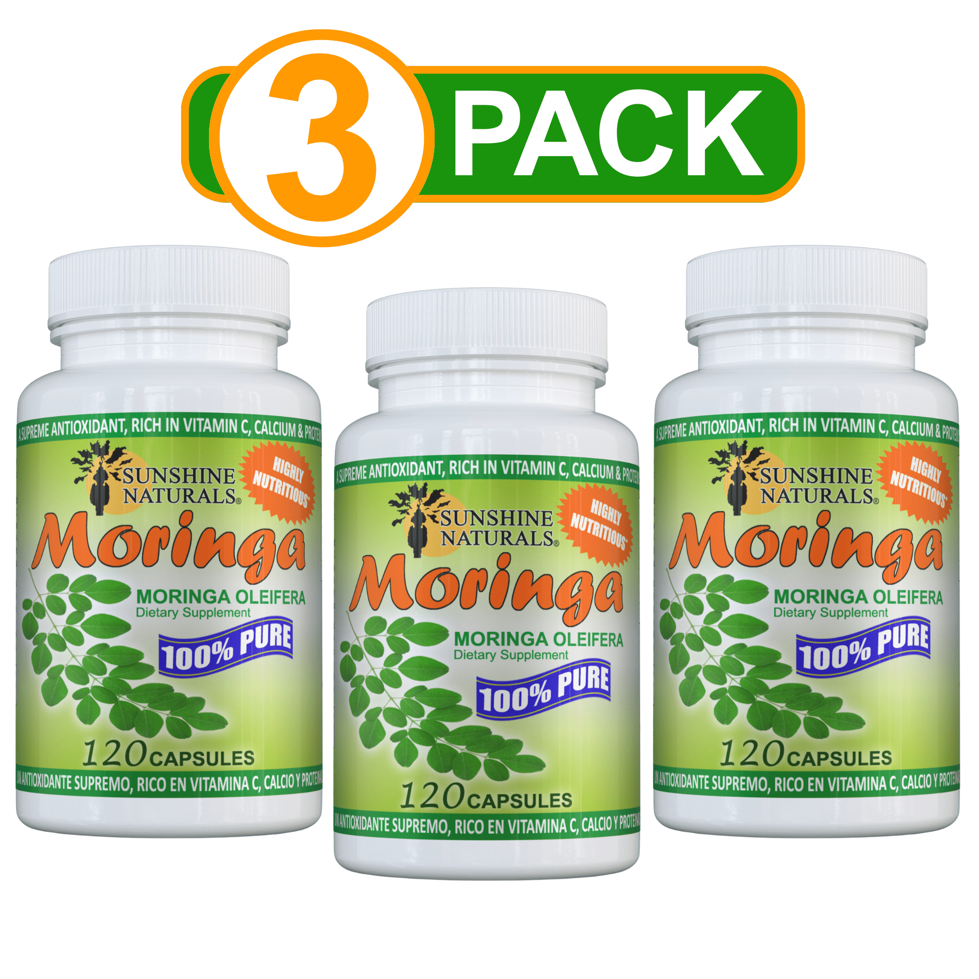 Sunshine Naturals Pure Leaf Moringa Capsules, Superfood, 3PACK, 120 Capsules per bottle, 360 Capsules