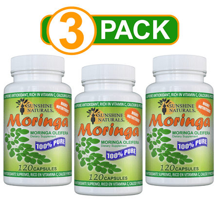 Sunshine Naturals Pure Leaf Moringa Capsules, Superfood, 3PACK, 120 Capsules per bottle, 360 Capsules