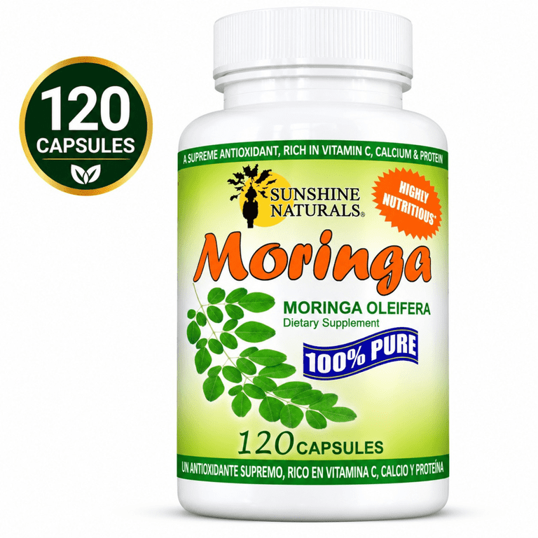 Sunshine Naturals Moringa Leaf Capsules, Moringa Oleifera Dietary Supplement, Vegan Capsules, Plant-Based Herbal Supplement, 120 Capsules