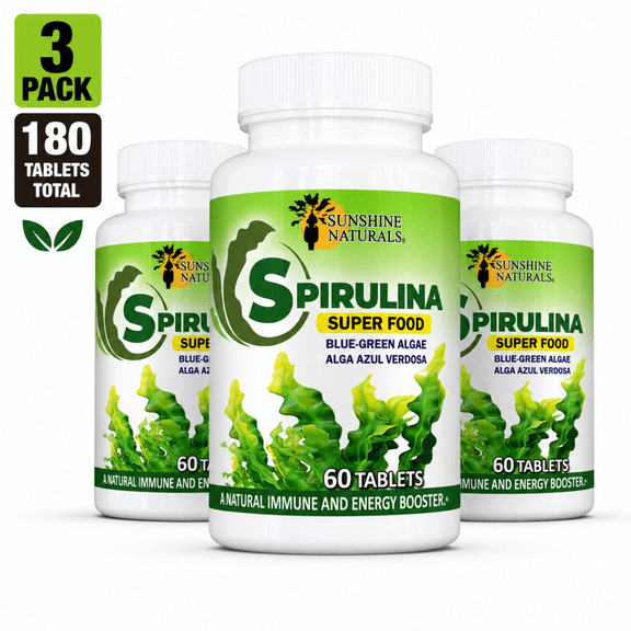 Sunshine Naturals Spirulina Algae Dietary Supplement, 60 Tablets, 500 mg, Superfood, Natural Immune Booster, 3 Pack