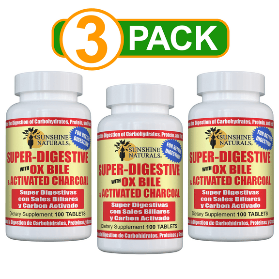 Sunshine Naturals Super Digestive Activated Charcoal Dietary Supplement, Digestive Enzymes Dietary Supplement, 3 PACK, 100 Tablets per bottle, 300 Tablets Total