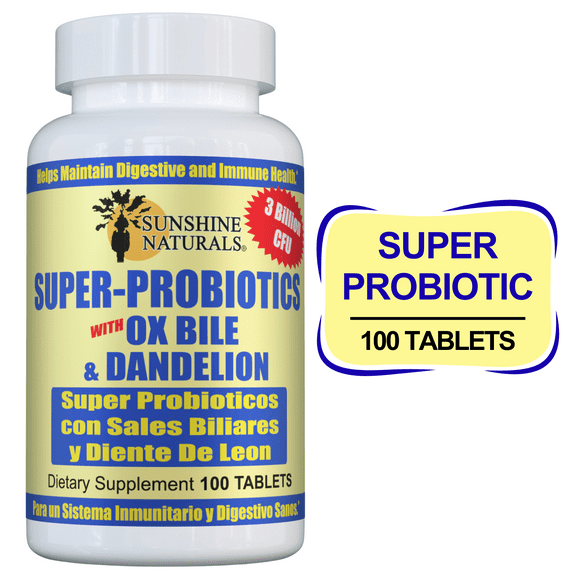 Sunshine Naturals Super Probiotics for Women and Men With Ox Bile & Dandelion, Digestive Enzymes Dietary Supplement - 100 Tablets