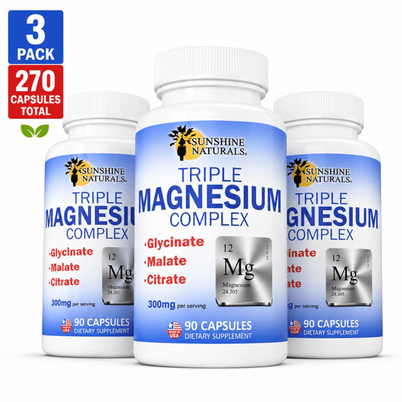 Sunshine Naturals Triple Magnesium Complex Supplement, Magnesium Glycinate, Malate & Citrate, High Absorption Magnesium Support for Muscle, Nerve & Energy Health, 270 Capsules, 3 Pack