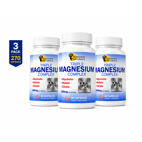 Sunshine Naturals Triple Magnesium Complex Supplement, Magnesium Glycinate, Malate & Citrate, High Absorption Magnesium Support for Muscle, Nerve & Energy Health, 270 Capsules, 3 Pack