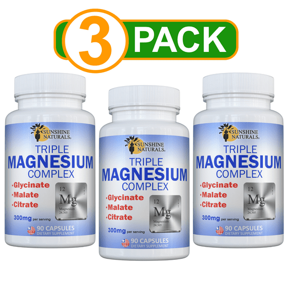Sunshine Naturals Triple Magnesium Glycinate, Malate, Citrate Complex Dietary Supplement, 3 Pack, 270 Count