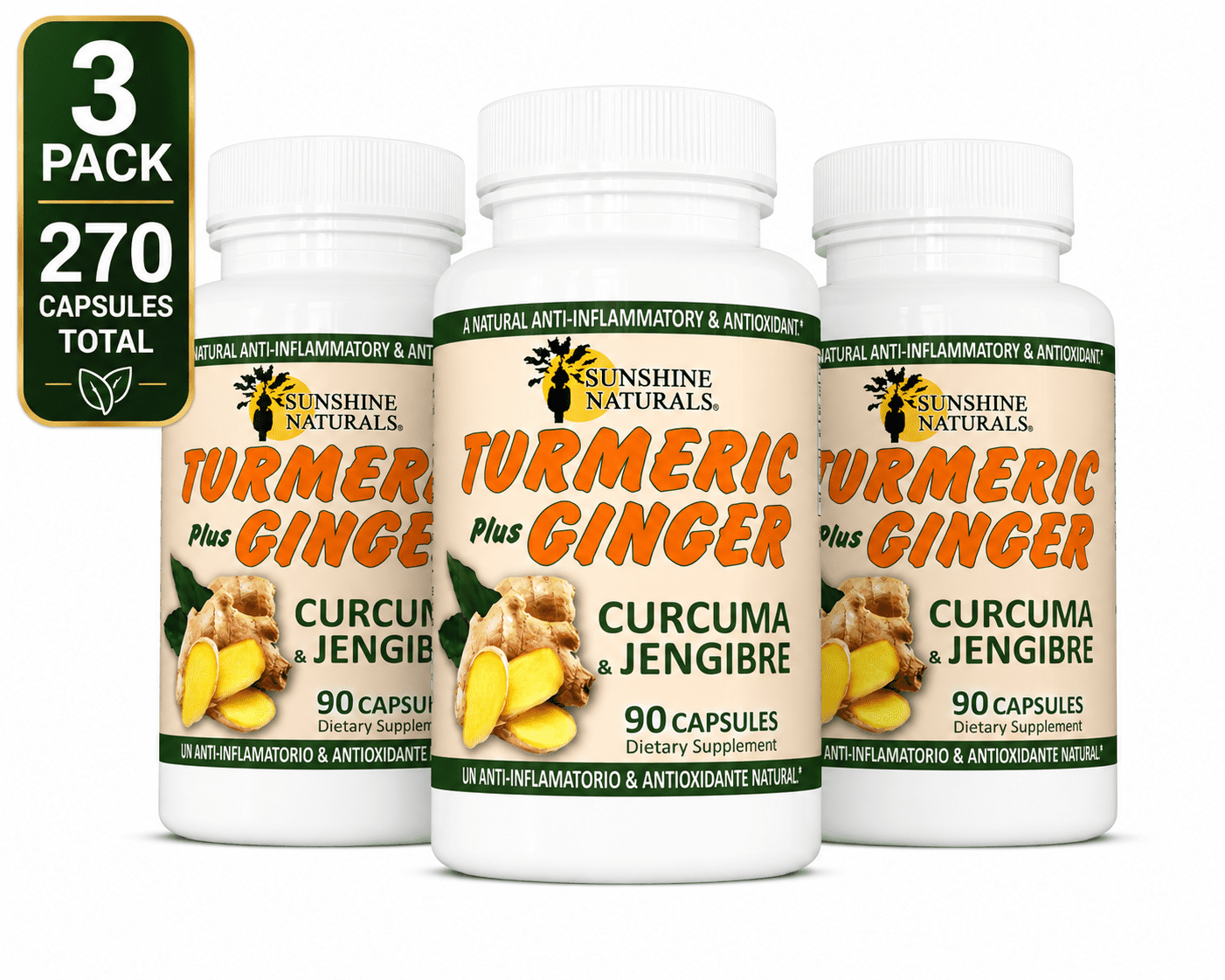 Sunshine Naturals Turmeric Curcumin Plus Ginger Dietary Supplement, 3 PACK, 90 Capsules per bottle, 270 capsules