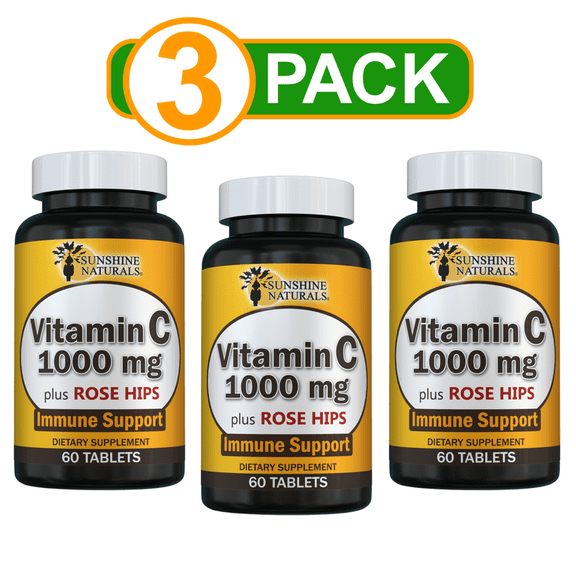 Sunshine Naturals Vitamin C 1000mg Immune System Support, 60 Tablets, 3 Pack