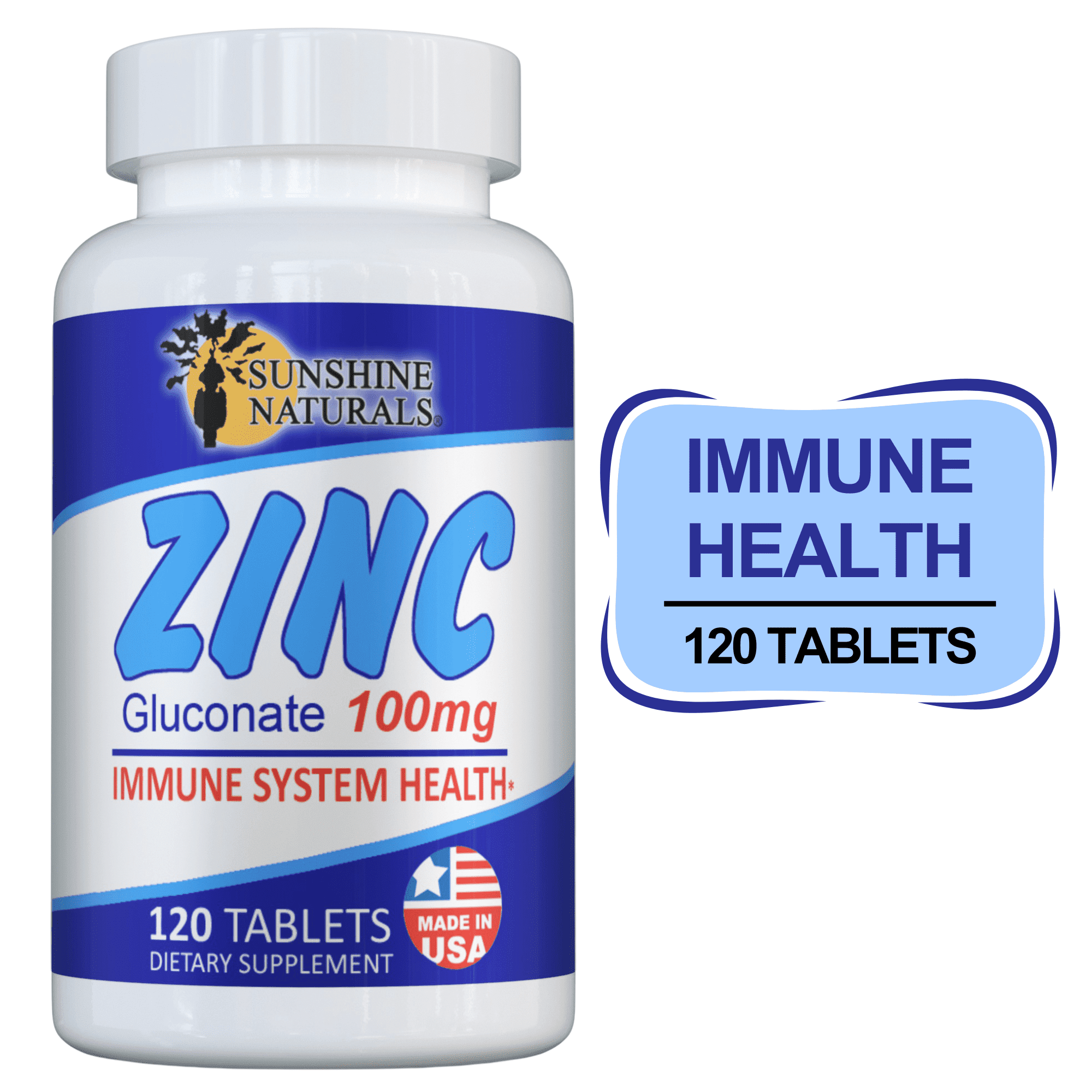 Sunshine Naturals Zinc Gluconate 100 MG Immune Support Zinc Supplement, Dietary Supplements - 120 Tablets