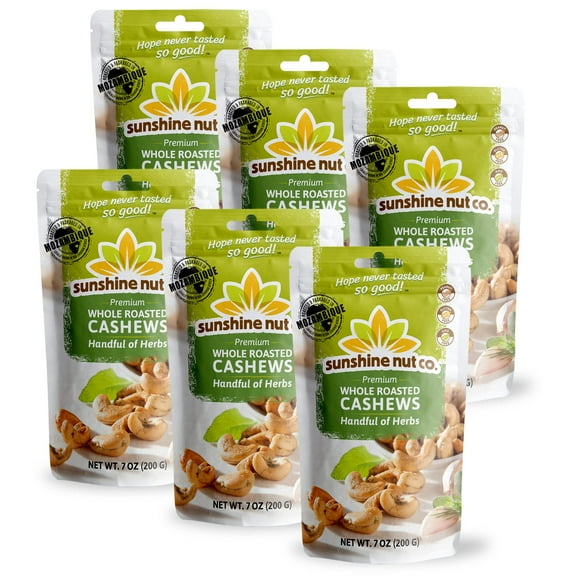 Sunshine Nut Co. Whole Roasted Lightly Salted Cashews, Handful of Herbs Flavor, 6 Pack, 7 oz. Each, Gluten Free, Peanut Free and Vegan Individual Snack Packs for Kids and Adults, GMO Free DMF15