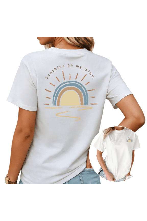Sunshine On My Mind Rainbow Sun Graphic Tees Womans Tshirt Shirts Black White S-5XL Tops