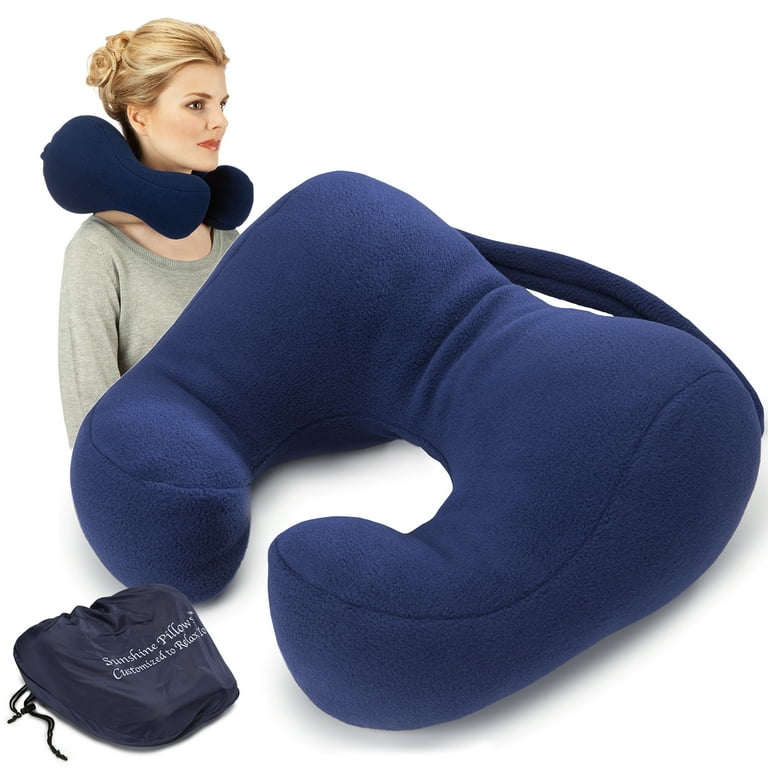 Sunshine Pillows Ergonomic Travel Neck Pillow Cervical Neck Support Navy Blue Medium