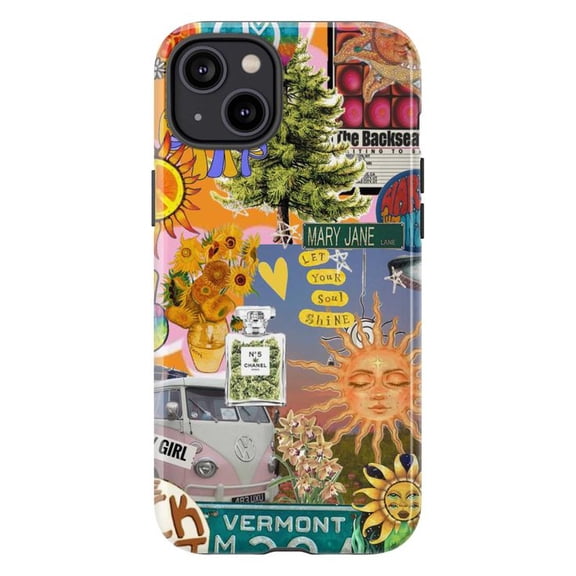 Sunshine Retro Collage Phone Case, Groovy Hippie Aesthetic iPhone Cover, Positive Vibes Artistic Protective Case for iPhone 17 16 15 14 13 12 11 Pro Plus Mini