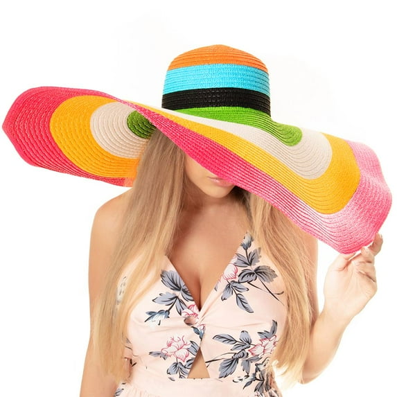 Sunshine Samba: Women's Dramatic Wired Edge Floppy Hat - Super Size for Effortless Glamour Striped Rainbow
