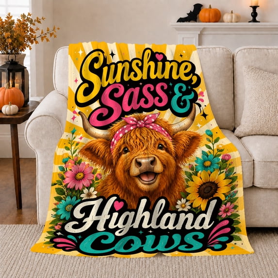 Sunshine Sass Highland Cows Rustic Farmhouse, Cozy Typography Art Scene, Warm Flannel Blanket for Ranch House and Living Room, Art Lovers Housewarming Gift, Artistic Home Decor