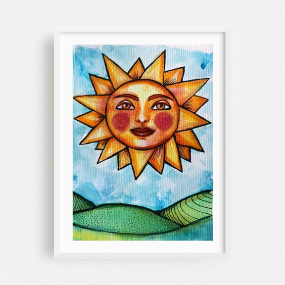 Sunshine Sun - Illustration Whimsical Surrealism Watercolor Nature White Framed Wall Art Print 9 x 12 inches