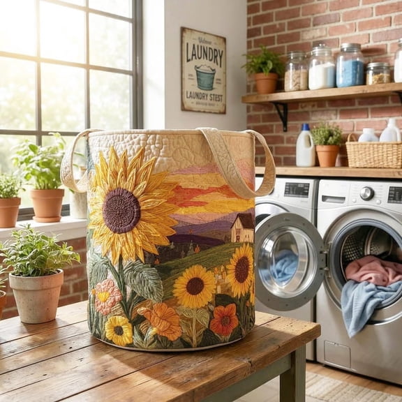 Sunshine Sunflower Quilted Laundry Basket, Floral Hamper, Rustic Farmhouse Storage, Bright Home Decor Gift