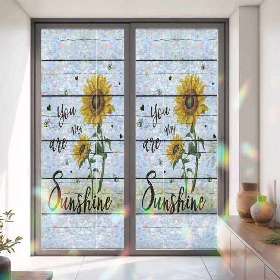 My Sunshine Sunflower Quotes Window Privacy Film, Rainbow Film Decorative Window Sticker 35.4x78.7in, Farm Gray Wood Board Sun Blocking Static Stained Glass Cling Tint Non-Adhesive