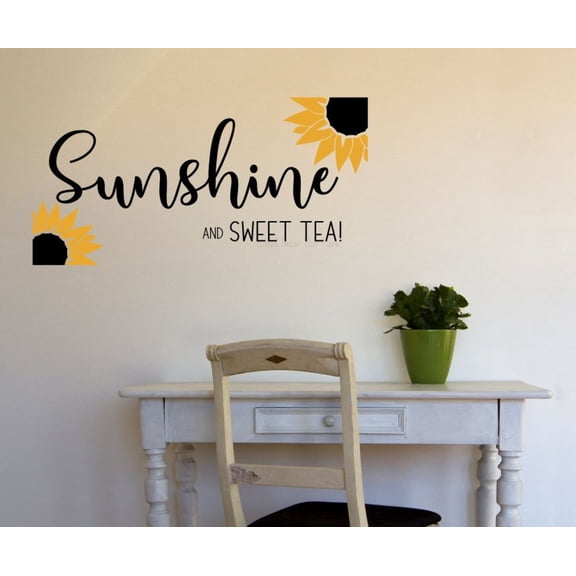 Sunshine and Sweet Tea Wall Decor Sunflower Kitchen Wall Decor - Quote Decals for Wall - Die-Cut Vinyl Wall Art Sticker - Modern Farmhouse Matte Vinyl Wall Decal Sayings, 32x12-Inch, Black/Honey