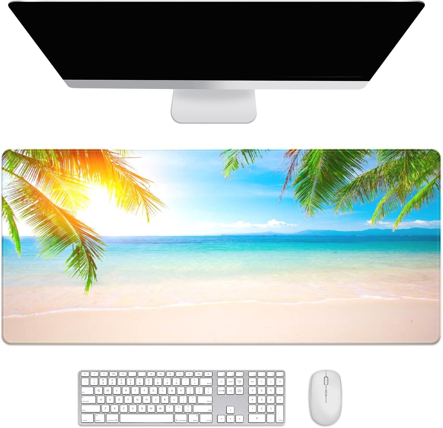Sunshine Tropical Palm Trees Beach Desk Mat, Desk Accessory, Cute Workspace, Trendy Workspace, Trendy, 35.4x15.7in Large Gaming Mouse Pad, Cute Desk Topper, Pretty Desk Pad