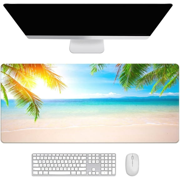 Sunshine Tropical Palm Trees Beach Desk Mat, Desk Accessory, Cute Workspace, Trendy Workspace, Trendy, 35.4x15.7in Large Gaming Mouse Pad, Cute Desk Topper, Pretty Desk Pad