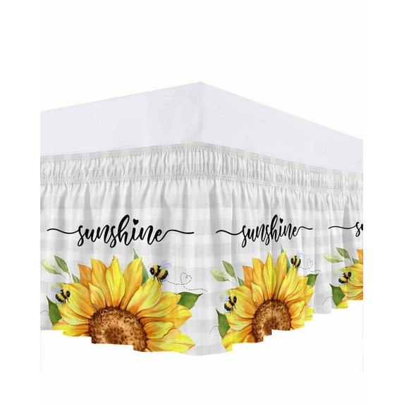Sunshine Watercolor Bed Skirt Sunflowers Bees Grey Plaid Farmhouse Bed Skirts California King Size 16 Inch Drop, Wrap Around Dust Ruffle&nbsp;Bedskirt with Adjustable Elastic Belt for Queen Size Beds