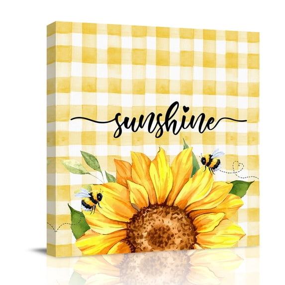 Sunshine Watercolor Canvas Wall Art for Living Room, Sunflowers Bees Yellow Plaid Farmhouse Poster Print Painting for Bedroom Office Home Decoration Wall Pictures Prepare To Hang 16"x16"