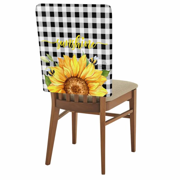 Sunshine Watercolor Chair Back Covers Set of 1, Sunflowers Bees Black Plaid Farmhouse Stretch Dining Chair Back Slipcovers Removable Seat Cover for Kitchen Restaurant Hotel Cafe