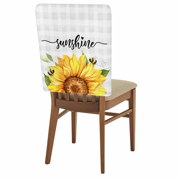 Sunshine Watercolor Chair Back Covers Set of 1, Sunflowers Bees Grey Plaid Farmhouse Stretch Dining Chair Back Slipcovers Removable Seat Cover for Kitchen Restaurant Hotel Cafe