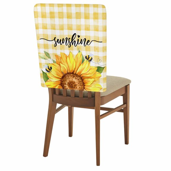 Sunshine Watercolor Chair Back Covers Set of 1, Sunflowers Bees Yellow Plaid Farmhouse Stretch Dining Chair Back Slipcovers Removable Seat Cover for Kitchen Restaurant Hotel Cafe