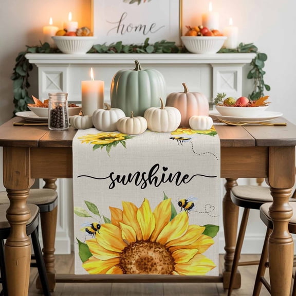 Sunshine Watercolor Cotton Linen Table Runner, Washable Table Runners for Kitchen, Dining Room, Holiday, Home Party Table Decor, 13x60 Inches