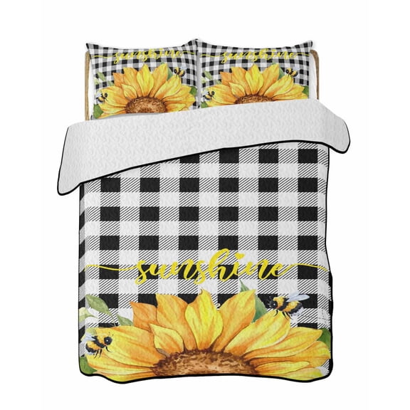 Sunshine Watercolor Quilts Bedding Set California King Sunflowers Bees Black Plaid Farmhouse Lightweight Quilted Bedspread 3 Piece Bed Quilt with 2 Pillow Shams All Season for Bedroom 96" x 106"