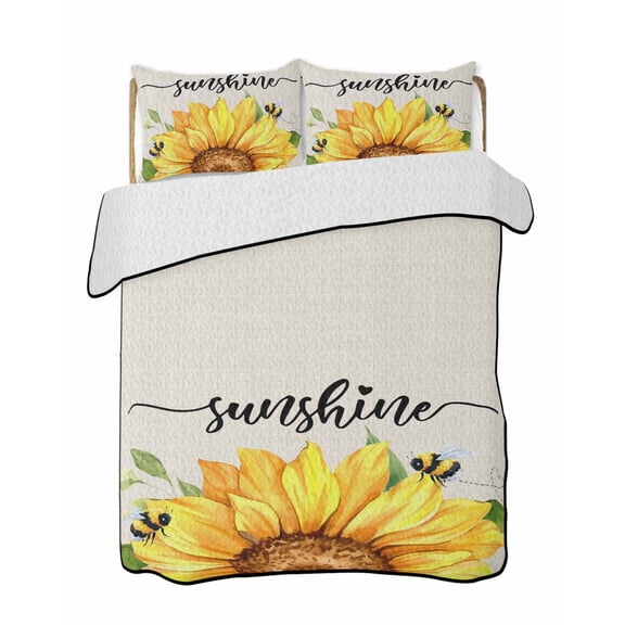 Sunshine Watercolor Quilts Bedding Set California King Sunflowers Bees Retro Linen Farmhouse Lightweight Quilted Bedspread 3 Piece Bed Quilt with 2 Pillow Shams All Season for Bedroom 96" x 106"