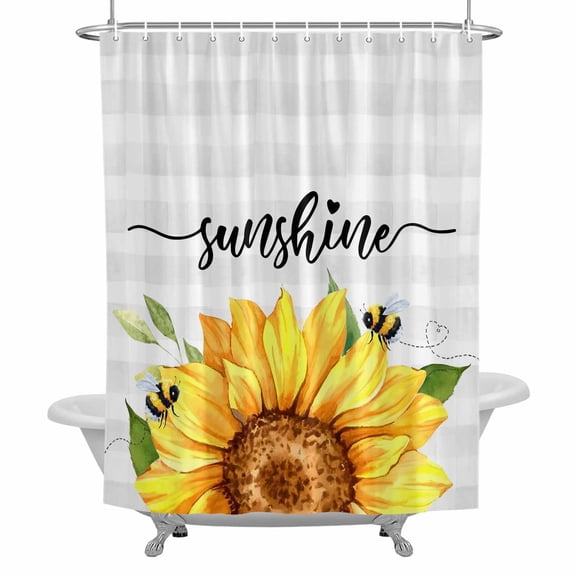 Sunshine Watercolor Shower Curtain for Bathroom, Sunflowers Bees Grey Plaid Farmhouse Waterproof Cloth Fabric Bathroom Accessories Set with 12 Rust Proof Plastic Hooks, 72"x72"