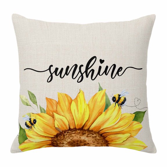 Sunshine Watercolor Throw Pillow Cover Sunflowers Bees Retro Linen Farmhouse Cotton Linen Cushion Cover Throw Pillow Case with Invisible Zipper for Couch Sofa Bed Chair Car 20x20 Inch
