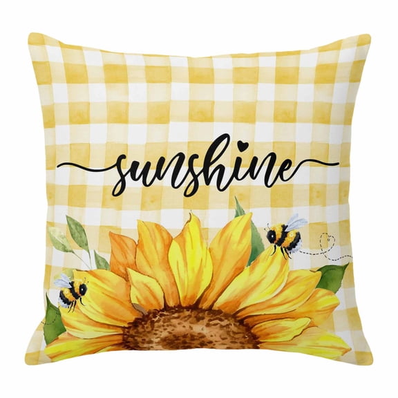 Sunshine Watercolor Throw Pillow Cover Sunflowers Bees Yellow Plaid Farmhouse Cotton Linen Cushion Cover Throw Pillow Case with Invisible Zipper for Couch Sofa Bed Chair Car 20x20 Inch