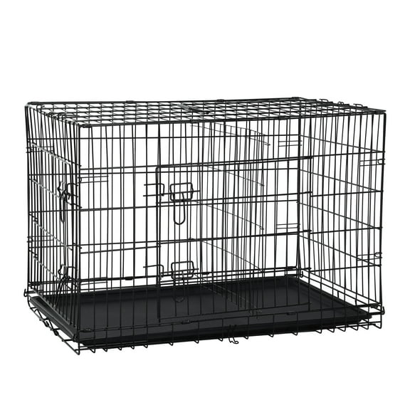 Sunshine Wheat 48 inch cage, foldable double door pet cage with divider and tray. Black