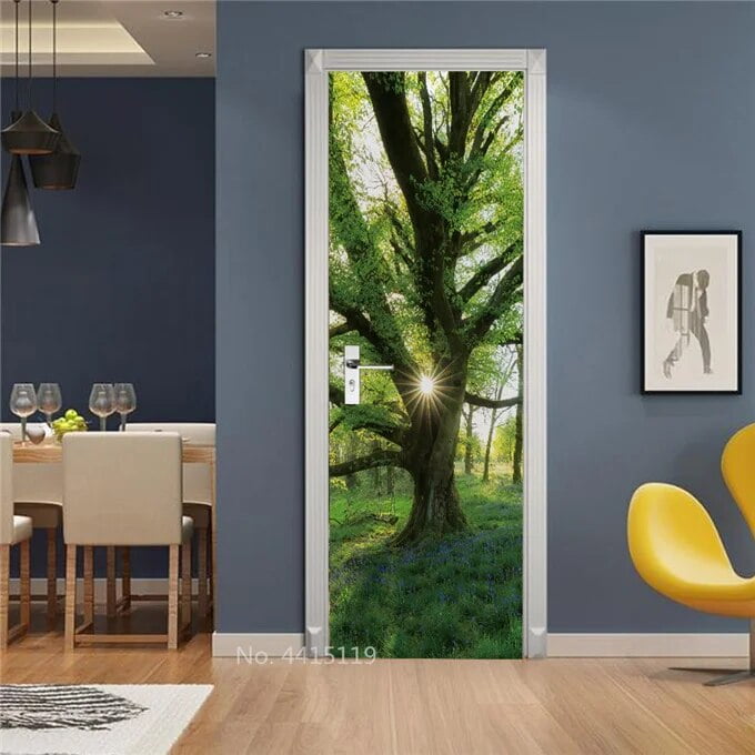 Sunshine Woods Scenery Door Sticker Jungle 3D Wallpaper For Bedroom