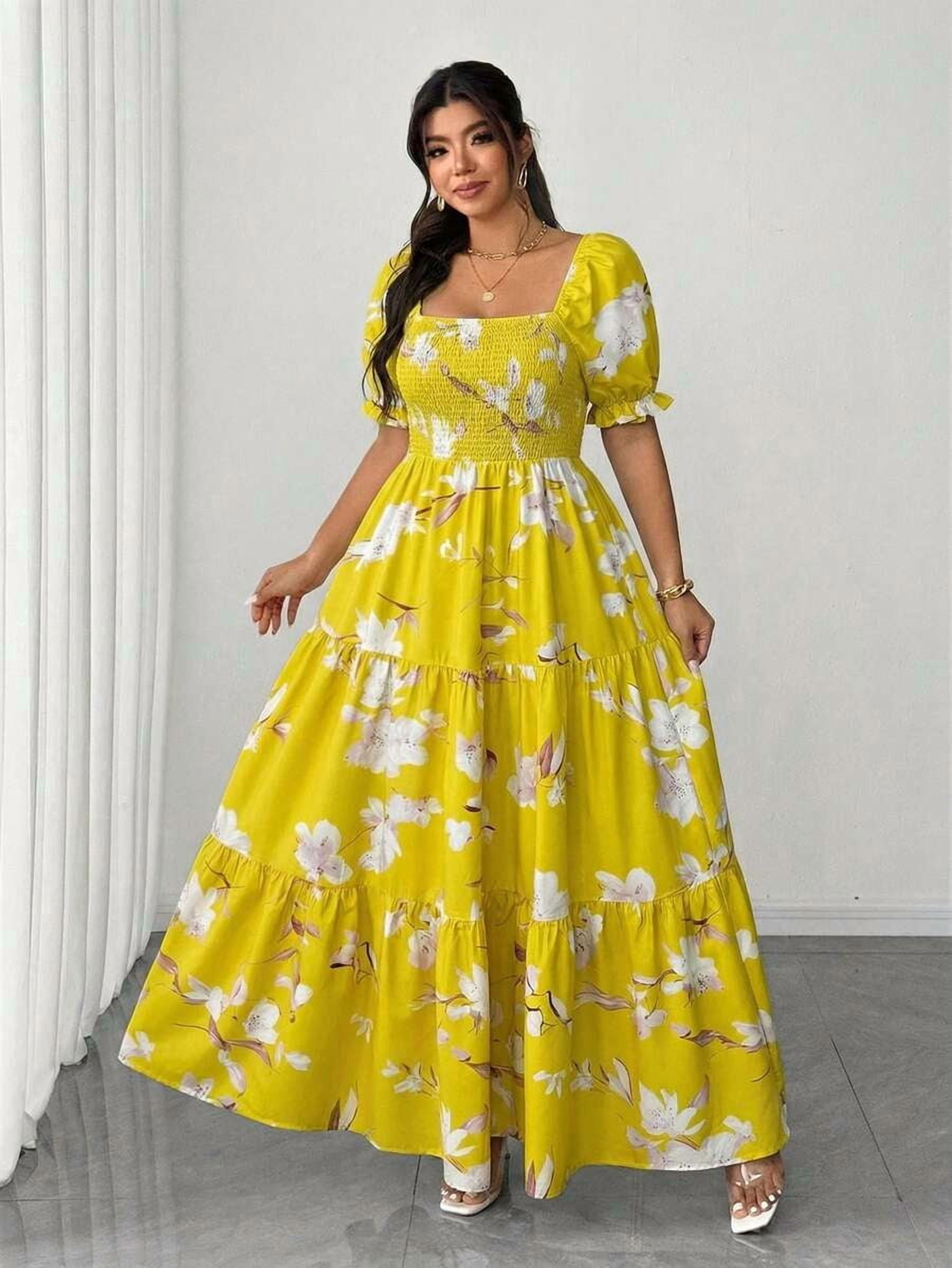 yellow formal plus size dresses /// Sunshine Yellow Plus Size Summer Casual Ditsy Floral Square Neck Puff Sleeve Tiered Maxi Dress, Women's, Size: 4XL