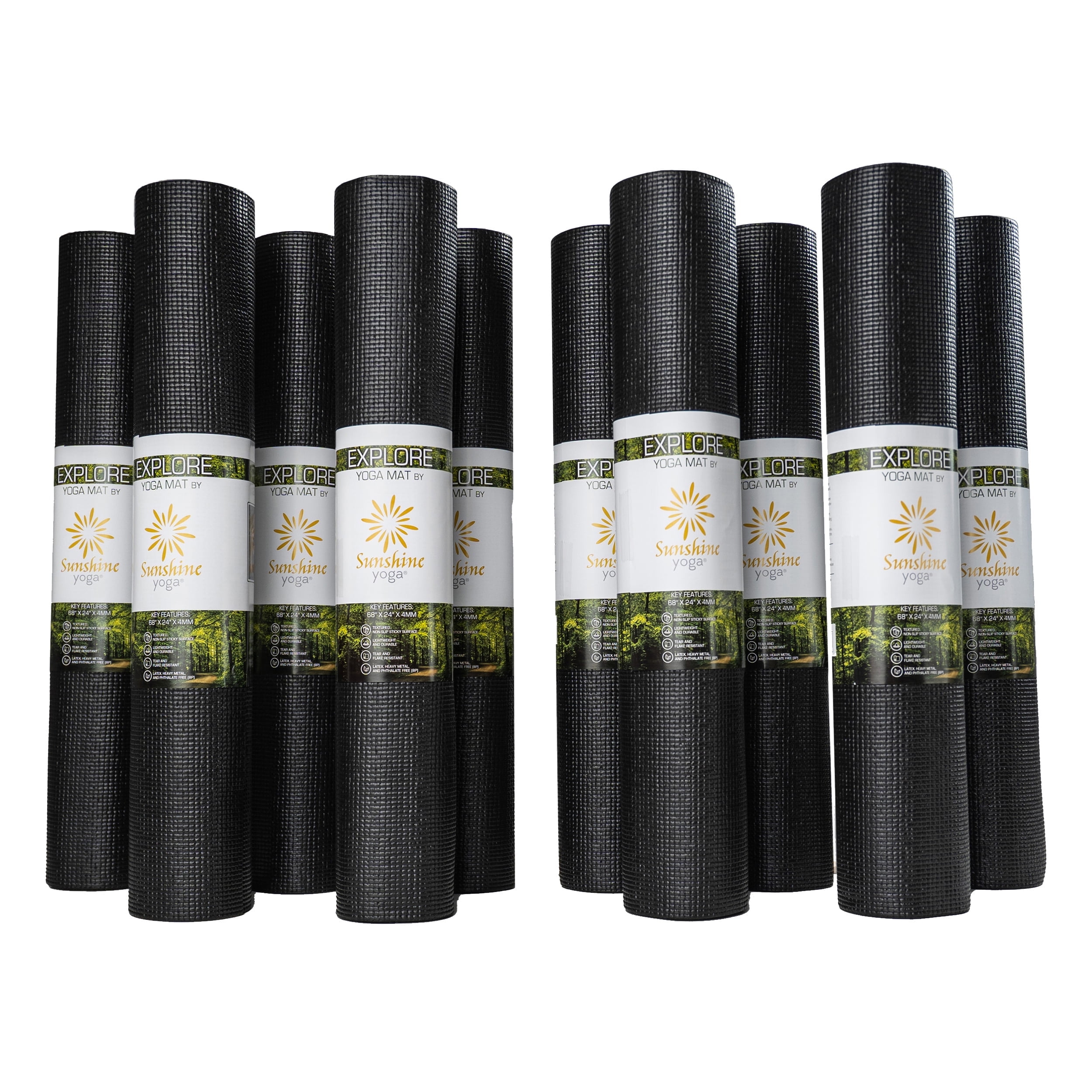 Sunshine Yoga Explore Bulk Yoga Mats, 10-Pack – 68" x 24", 4mm Thick, Non-Slip & Durable – Ideal for Studios, Schools & Gyms, Black