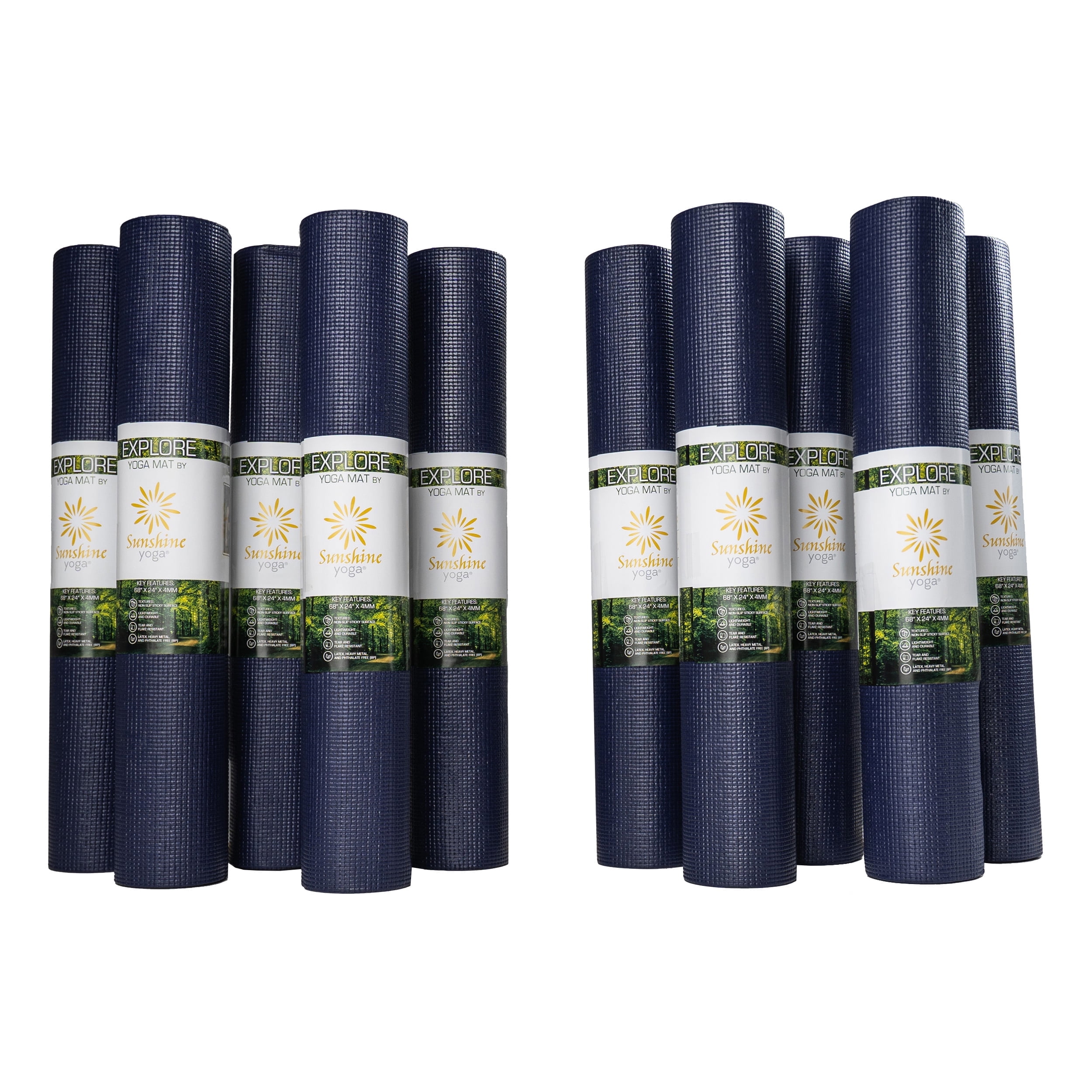 Sunshine Yoga Explore Bulk Yoga Mats, 10-Pack – 68" x 24", 4mm Thick, Non-Slip & Durable – Ideal for Studios, Schools & Gyms, Navy
