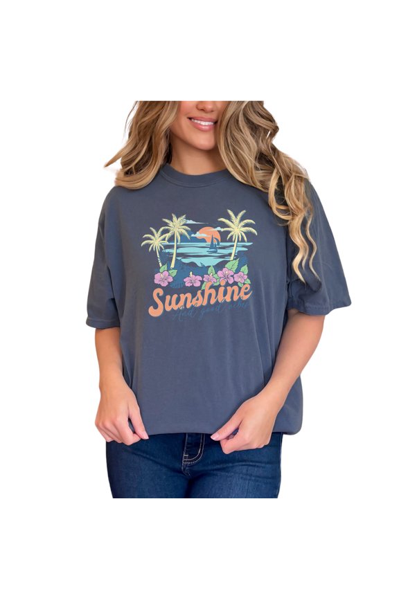 Sunshine and Good Vibes, Tropical & Summer Themed Art, Denim Comfort Colors T-Shirt, Small