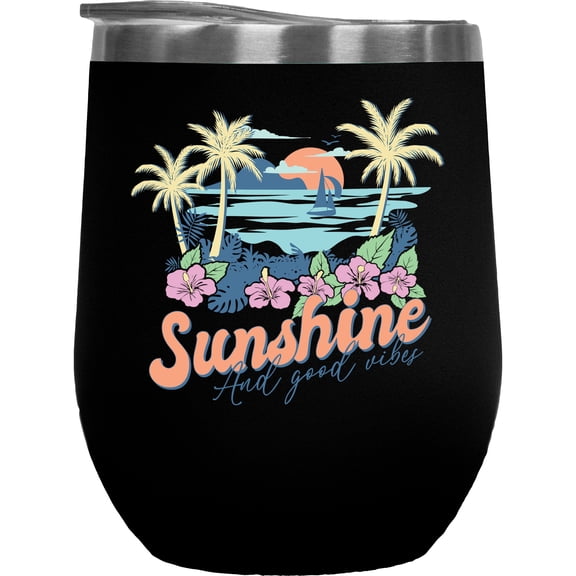 Sunshine and Good Vibes, Tropical & Summer Themed Art Merch Gift, Black 12oz Wine Tumbler