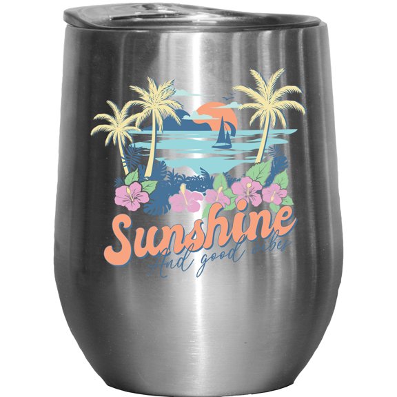 Sunshine and Good Vibes with Tropical & Summer Themed Art Merch Gift, Stainless Steel 12oz Wine Tumbler