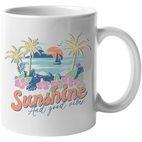 Sunshine and Good Vibes with Tropical & Summer Themed Art Merch Gift, White 11oz Ceramic Mug
