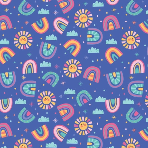 Sunshine and Rainbows Blue Flannel Fabric