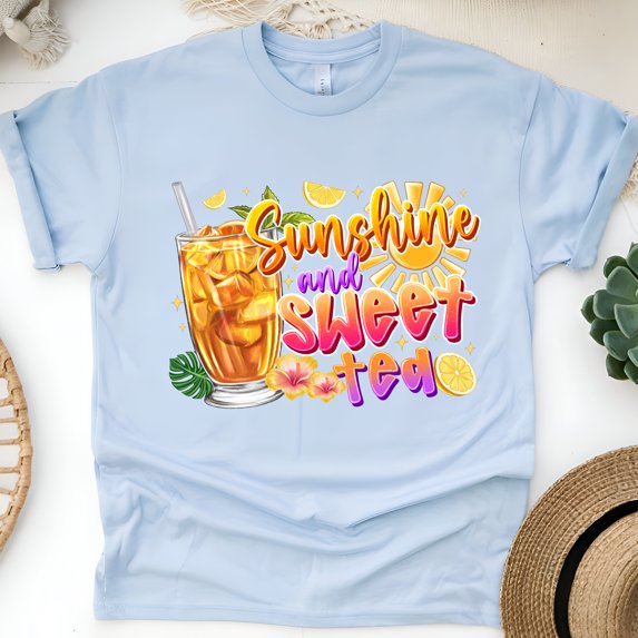 Sunshine and Sweet Tea Shirt – Southern Summer Drink Graphic Tee, Light Blue, Size M