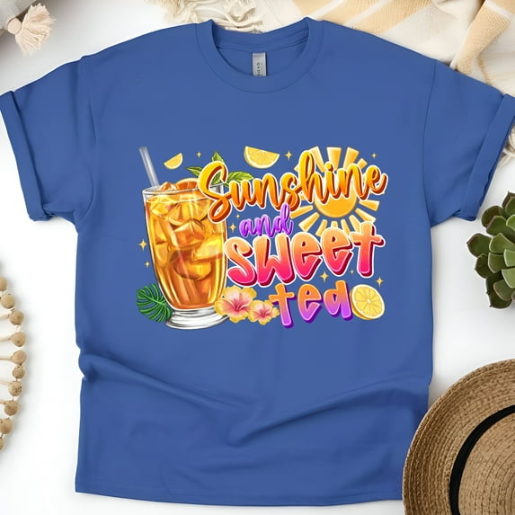 Sunshine and Sweet Tea Shirt – Southern Summer Drink Graphic Tee, Royal, Size 2XL
