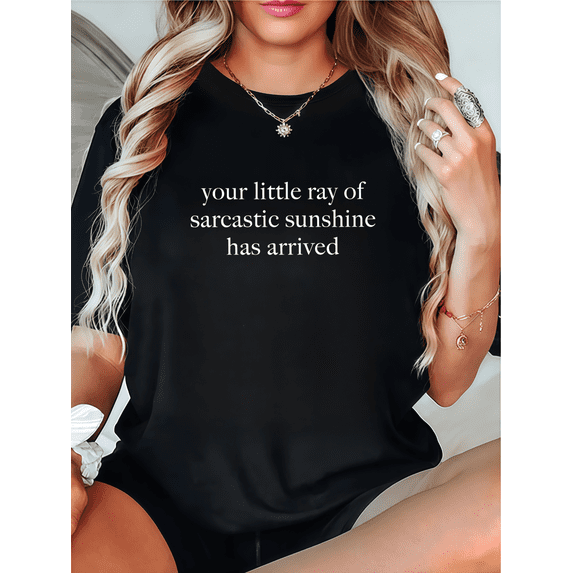 "Sunshine" lettered graphic T-shirt top round-neck short-sleeved cotton Comfortable black S-5XL