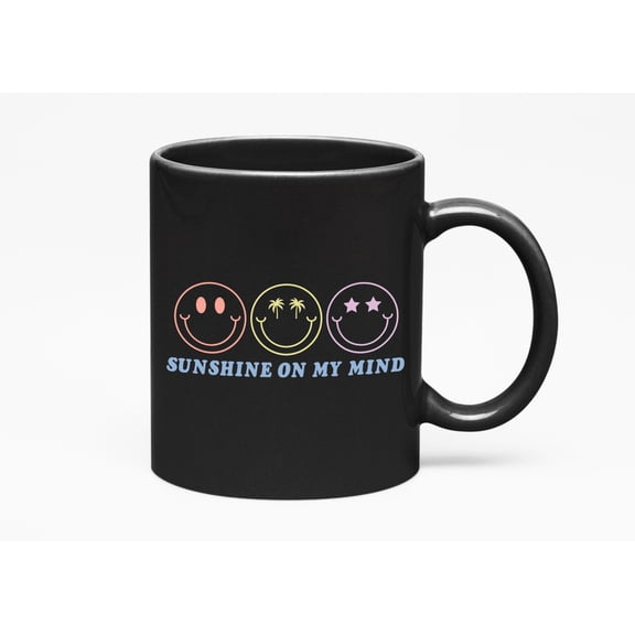 Sunshine on My Mind Quote feat. Retro Smiling Faces Art Merch Gift, Black 11oz Ceramic Mug