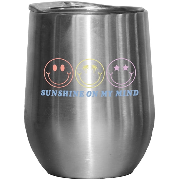 Sunshine on My Mind Quote with Retro Smiling Faces Art Merch Gift, Stainless Steel 12oz Wine Tumbler